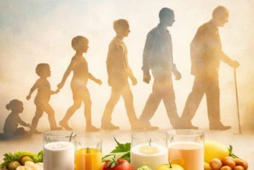 Silhouettes showing human development from infancy to older age, with nutrient-rich foods and drinks in the foreground—representing across-lifespan expertise.