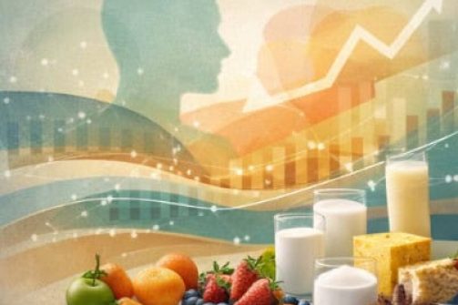 Silhouette of a consumer profile overlaid with upward-trending charts and data lines, with healthy foods (fruit, dairy, grains) in the foreground—representing consumer insights translated into health strategy.