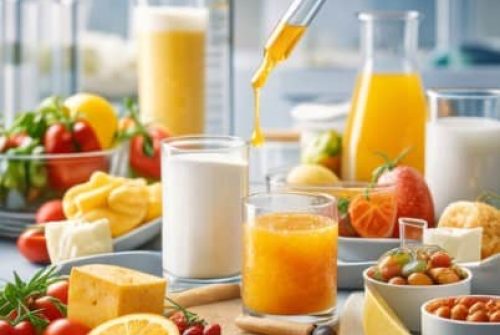 Laboratory-style food setup with dairy, fruit, and cheese while a pipette adds a golden liquid to a glass—symbolizing evidence-based product innovation.