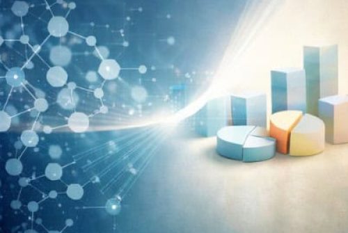 Abstract molecular network blending into a set of business charts and pie graphs, symbolizing a go-to-market communication strategy driven by data and insights.