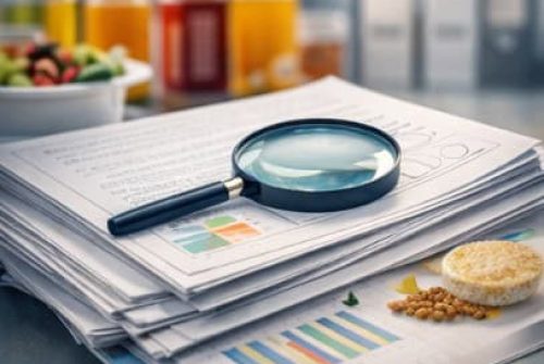 Stack of research documents with charts and a magnifying glass, with food samples in the foreground—symbolizing health and claim strategy review.