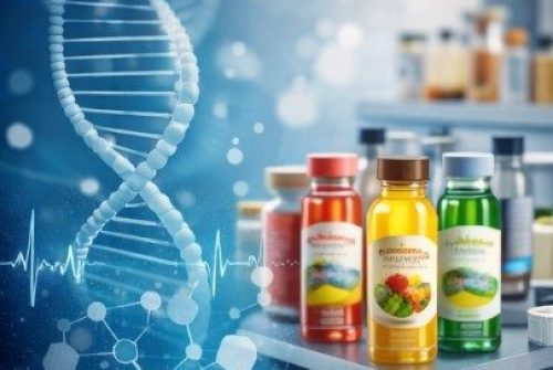 Laboratory setup with supplement bottles on a metal tray, overlaid with a DNA helix and molecular graphics to represent scientific health benefit substantiation.
